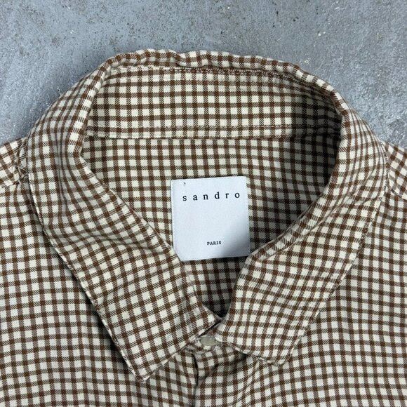 Sandro Paris Womens Dress Shirt 100% Viscose Check Long Sleeve Brown Large - Picture 5 of 9